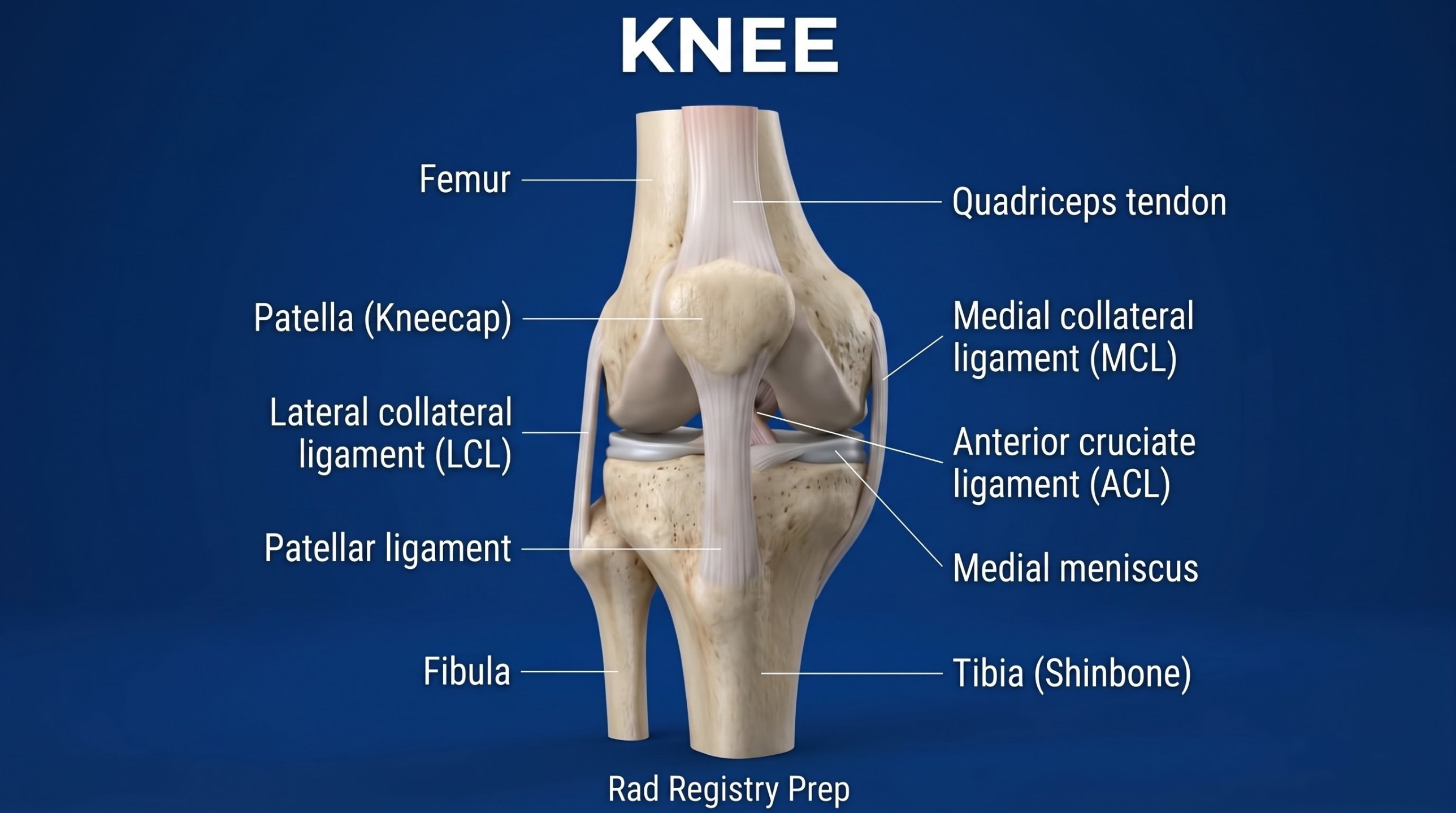 Labeled knee diagram (anterior): Femur, Patella (kneecap), Lateral collateral ligament (LCL), Patellar ligament, Fibula, Quadriceps tendon, Medial collateral ligament (MCL), Anterior cruciate ligament (ACL), Medial meniscus, Tibia.