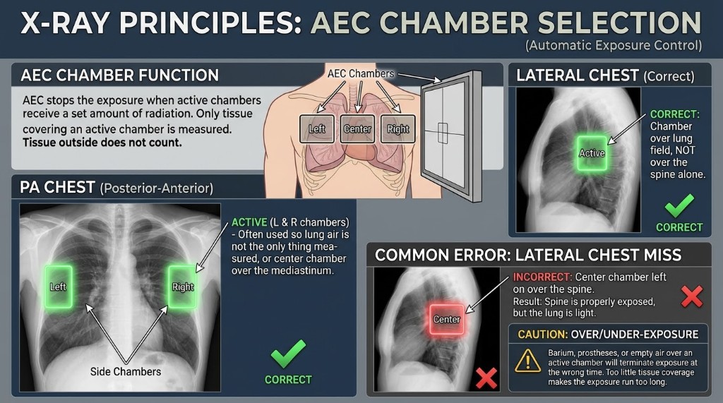 AEC chamber selection: only tissue over the active chamber is measured.