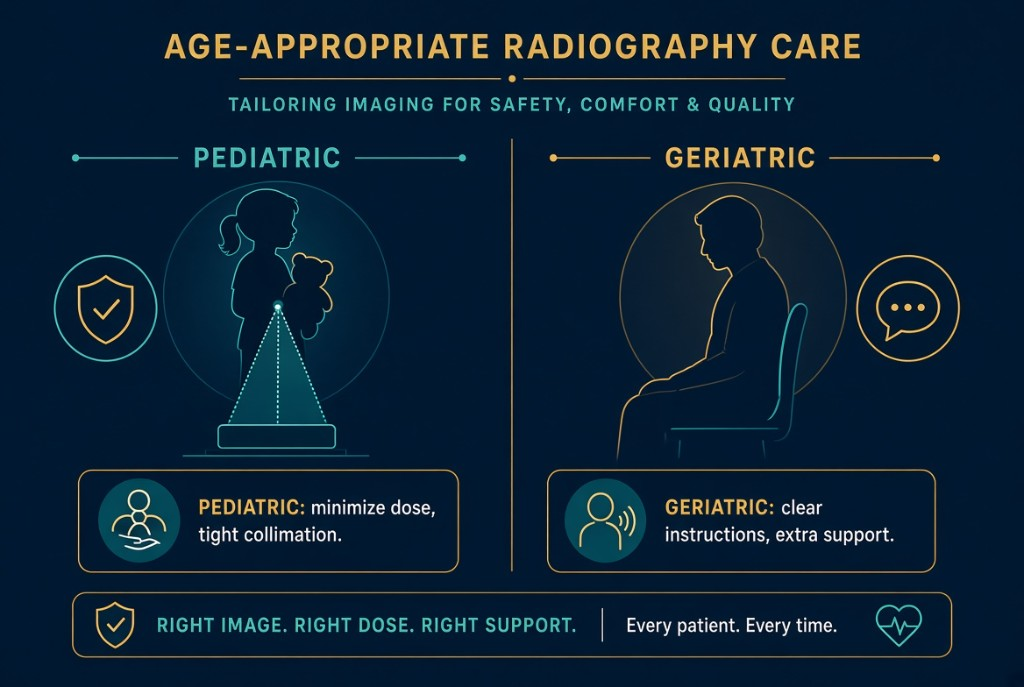 Pediatric care minimizes dose and uses tight collimation. Geriatric care uses clear instructions and extra support.