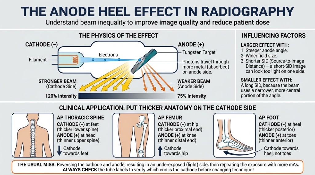 Anode heel effect: stronger intensity on the cathode side.