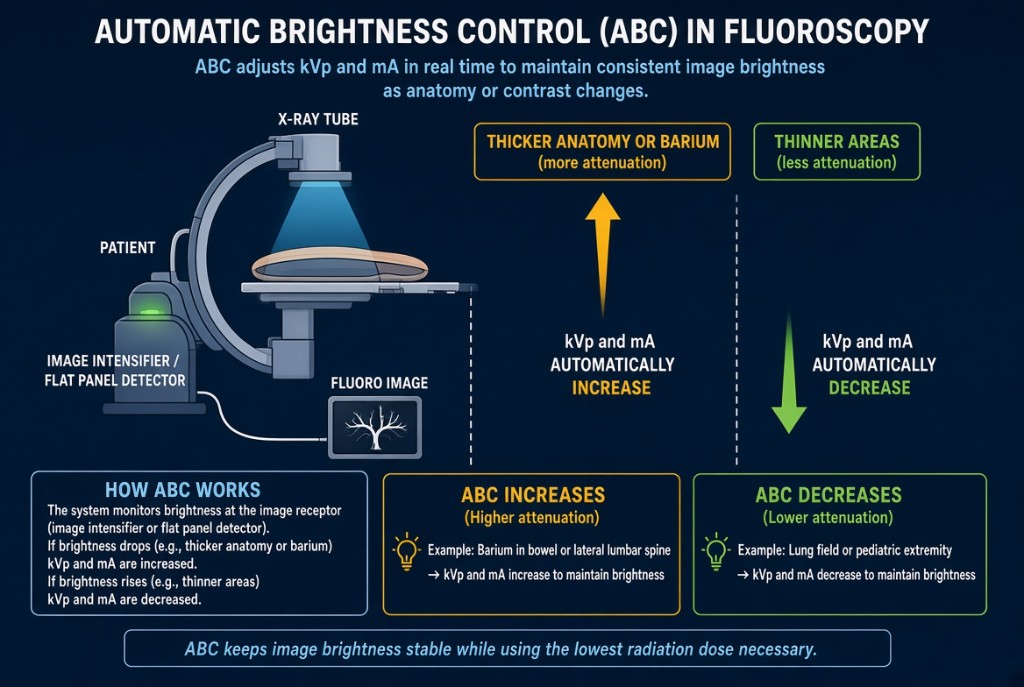 Fluoro C-arm with ABC adjusting kVp and mA for different part thickness