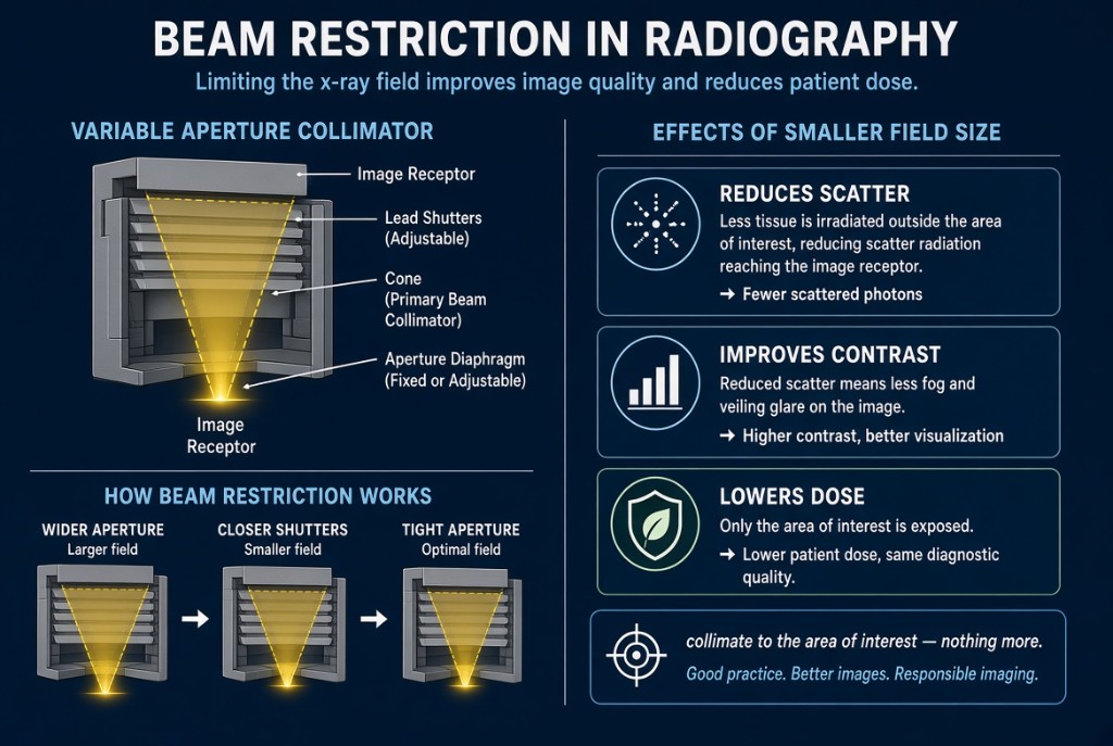 Collimator shutters, cone, and aperture diaphragm reducing field size and scatter