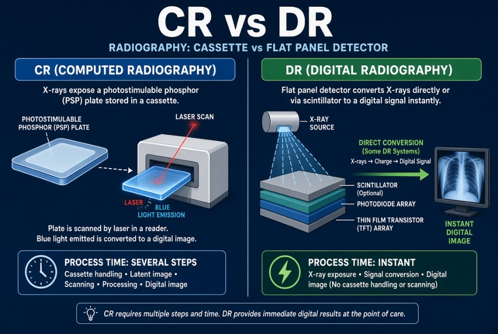 Indirect flat panel converting x-rays to light then charge versus direct selenium panel converting x-rays straight to charge