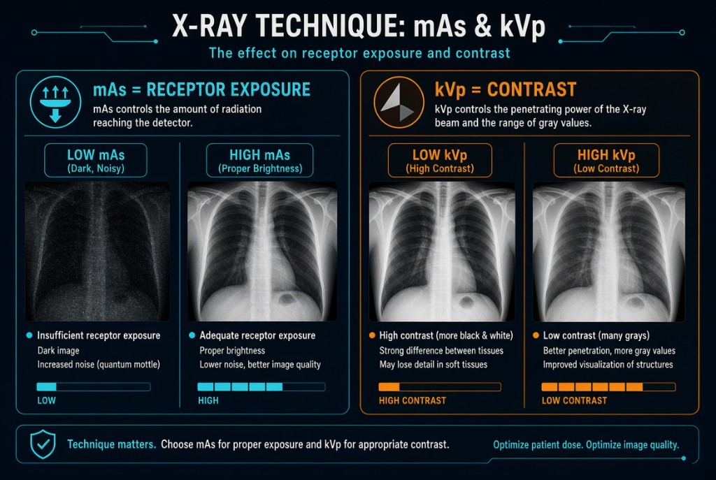 Diagram comparing low and high mAs receptor exposure with low and high kVp contrast