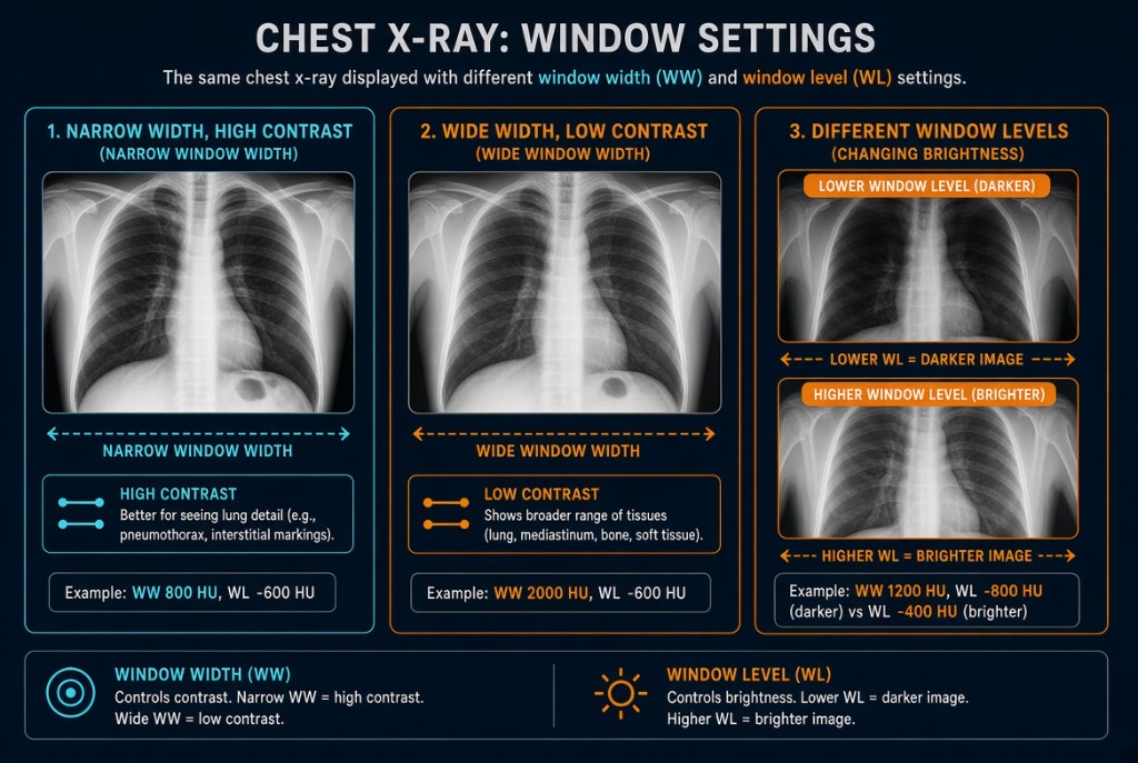 Same chest x-ray shown with different window width and window level settings