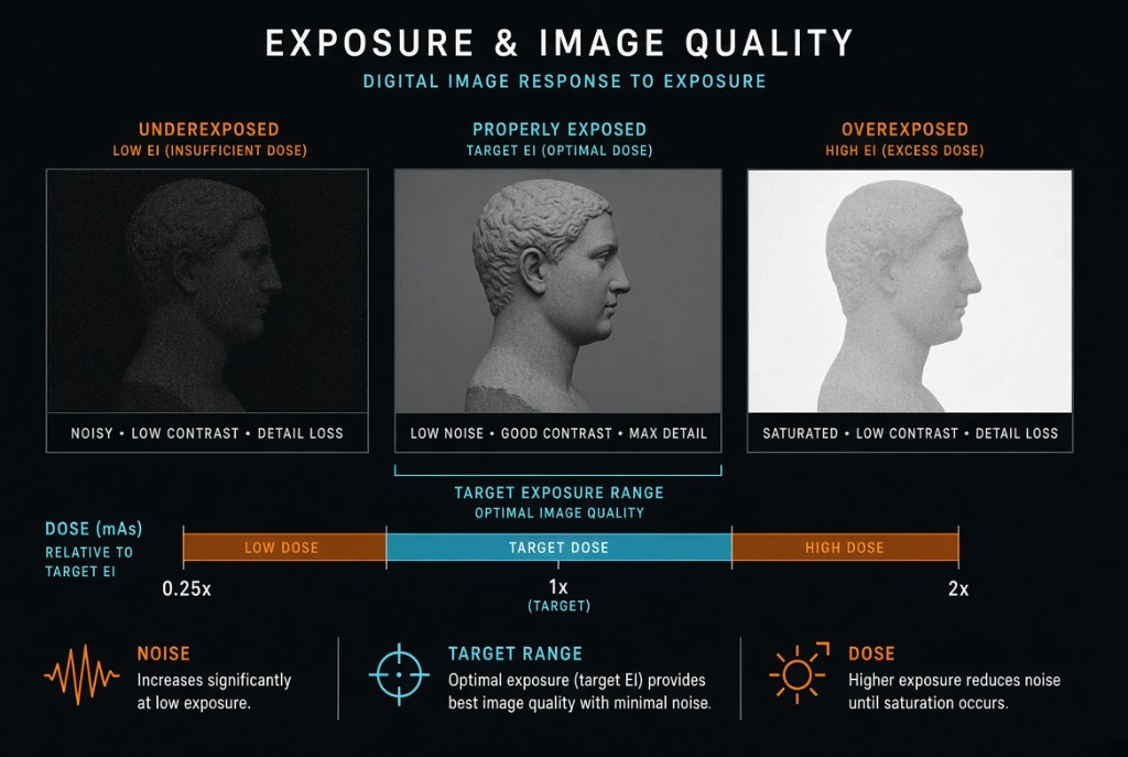 Comparison of underexposed, properly exposed, and overexposed images with exposure indicator ranges