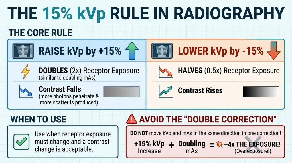 15 percent kVp rule: exposure doubles and contrast falls.