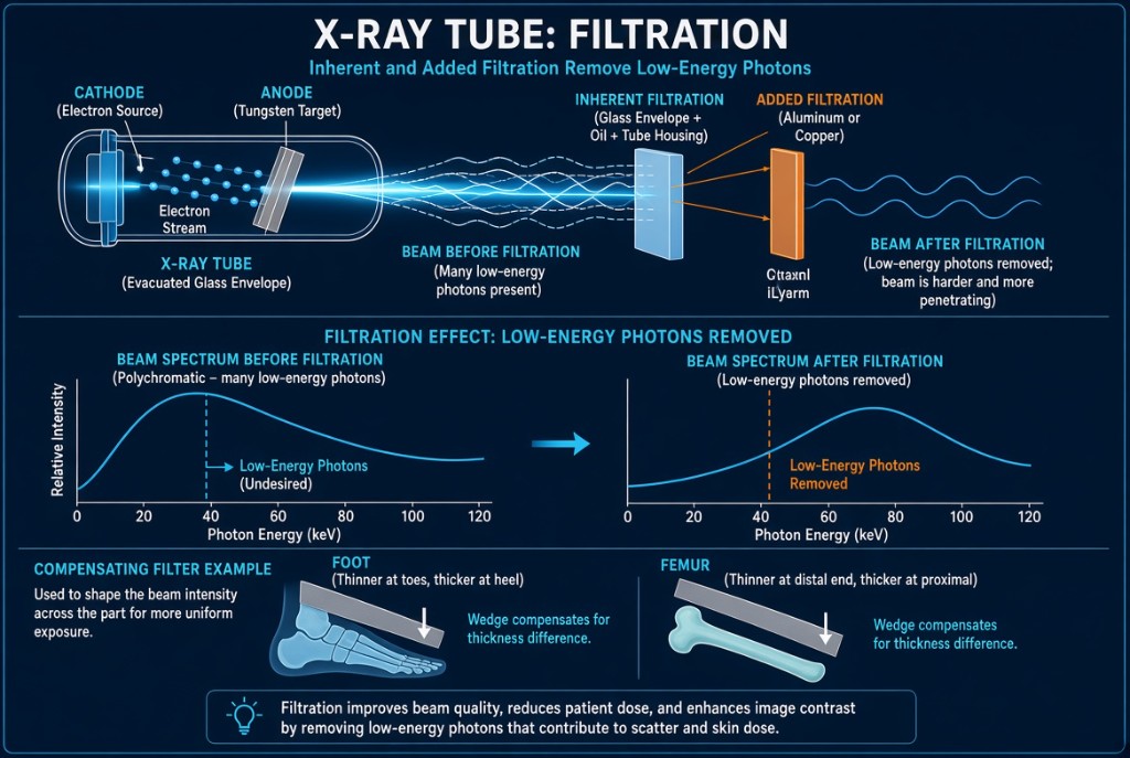 Diagram of inherent and added filtration removing low-energy photons