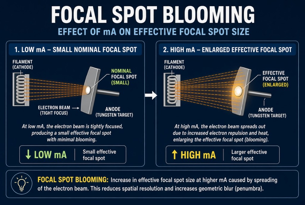 Nominal small focal spot versus enlarged effective focal spot at high mA