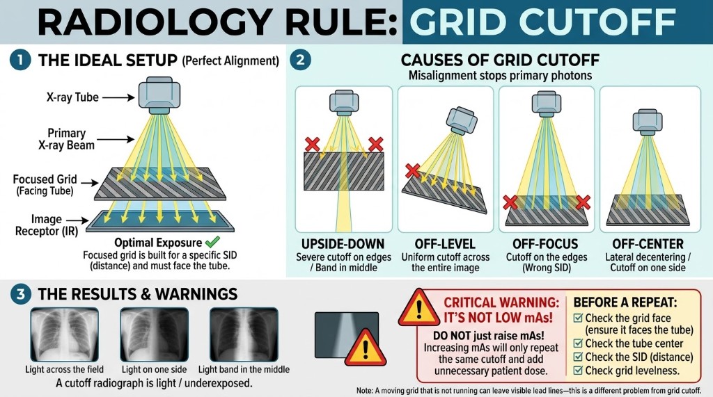 Grid cutoff: a tilted or upside-down grid blocks the primary beam.