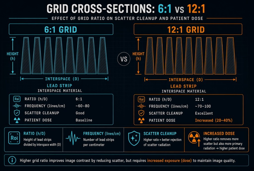 Cross-section comparison of 6:1 and 12:1 grids showing scatter cleanup and dose