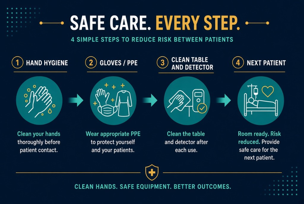 Four steps between patients: hand hygiene, gloves and PPE, clean the table and detector, then the next patient.