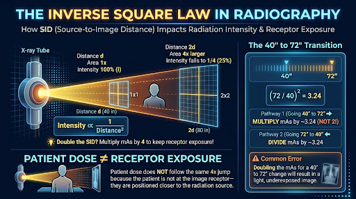 Inverse square law: intensity falls with the square of the distance.