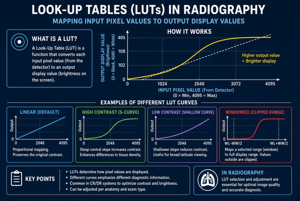 LUT curve mapping input pixel values to output display values for different contrast