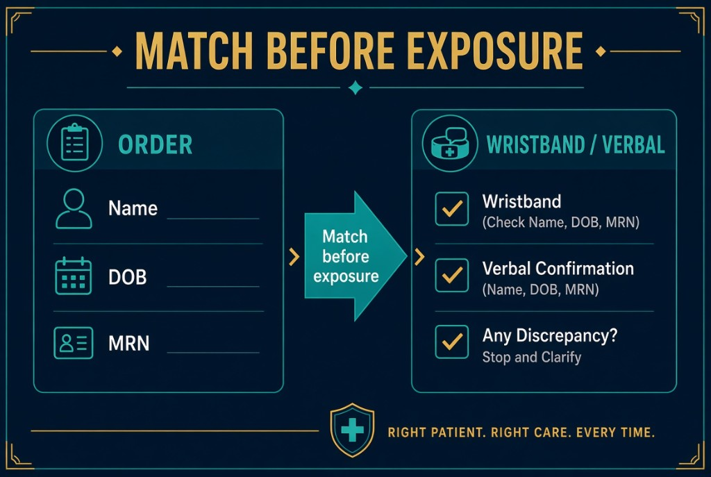 Order name, date of birth, and medical record number matched to the wristband and a verbal check before exposure.