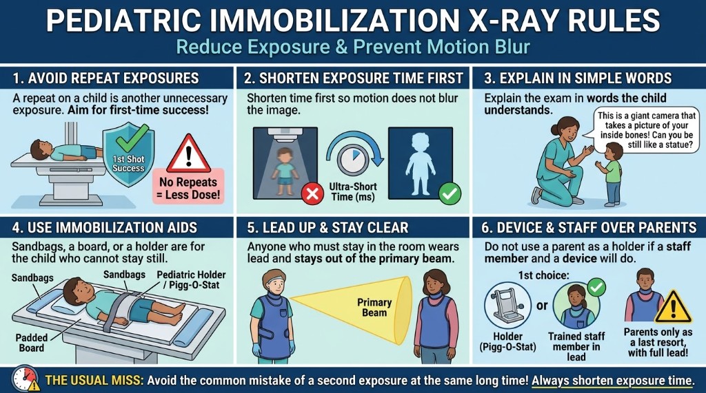 Pediatric immobilization: shorten exposure time and keep a holder out of the primary beam.