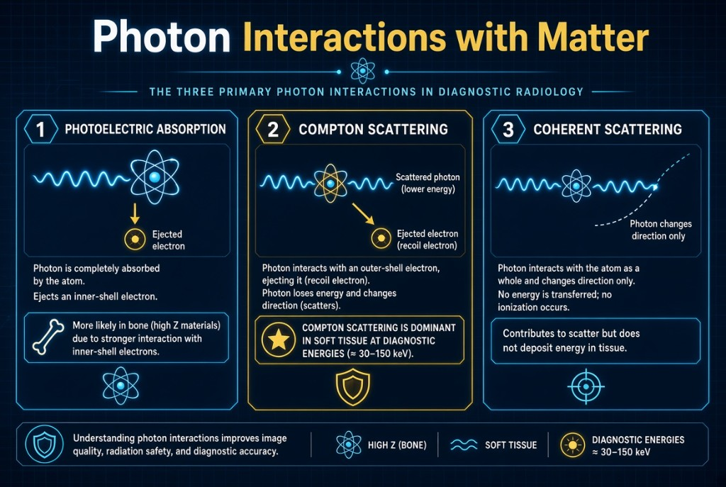 Photoelectric absorption, Compton scattering, and coherent scattering, with Compton dominant in soft tissue at diagnostic energies.