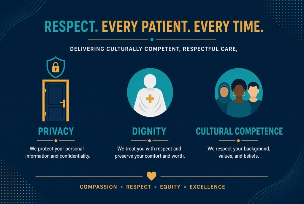 Three parts of respectful care: privacy, dignity, and cultural competence.