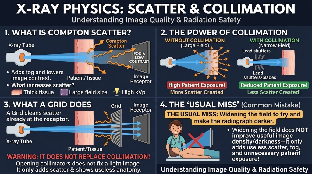 Scatter and collimation: a tight field reduces scatter and improves contrast.