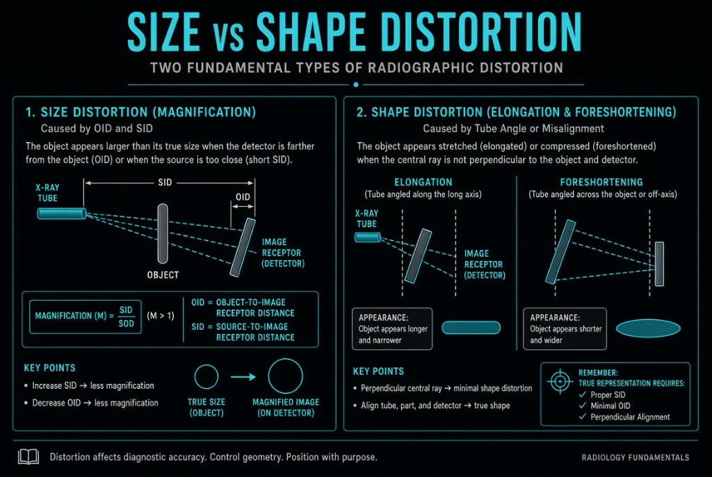 Diagram comparing magnification with elongation and foreshortening