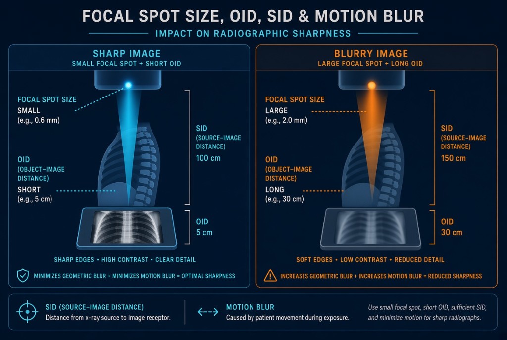 Diagram showing sharp versus blurry image based on focal spot size and OID