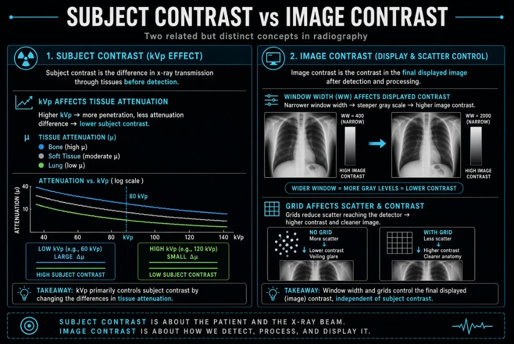 Diagram comparing subject contrast from kVp with image contrast from window width and grids