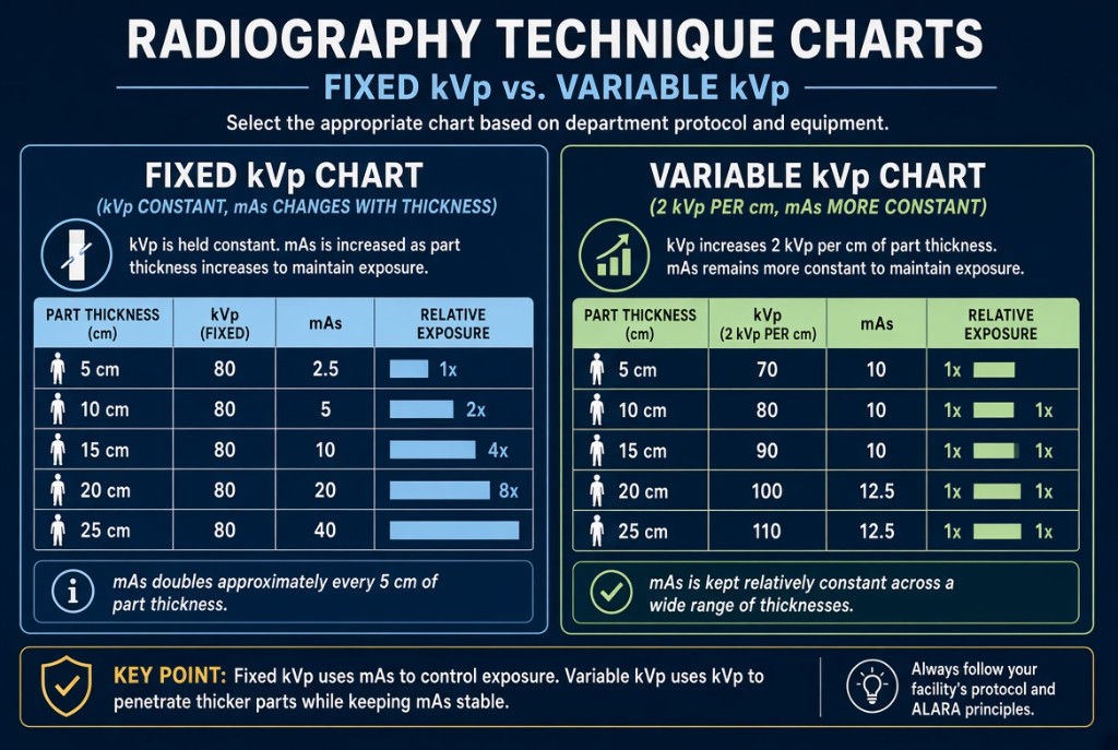 Fixed kVp chart with constant kVp and changing mAs versus variable kVp chart