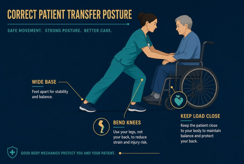 Transfer posture with a wide base, bent knees, and the patient kept close to the body.