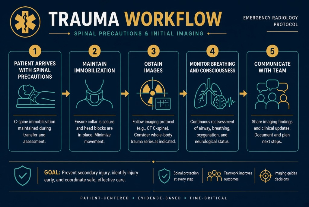 Trauma steps: spinal precautions, maintain immobilization, obtain images, monitor breathing and consciousness, and communicate with the team.
