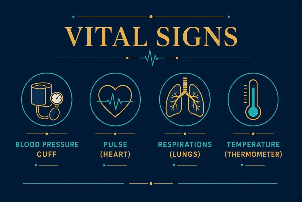 Four vital signs: blood pressure cuff, pulse, respirations, and temperature.