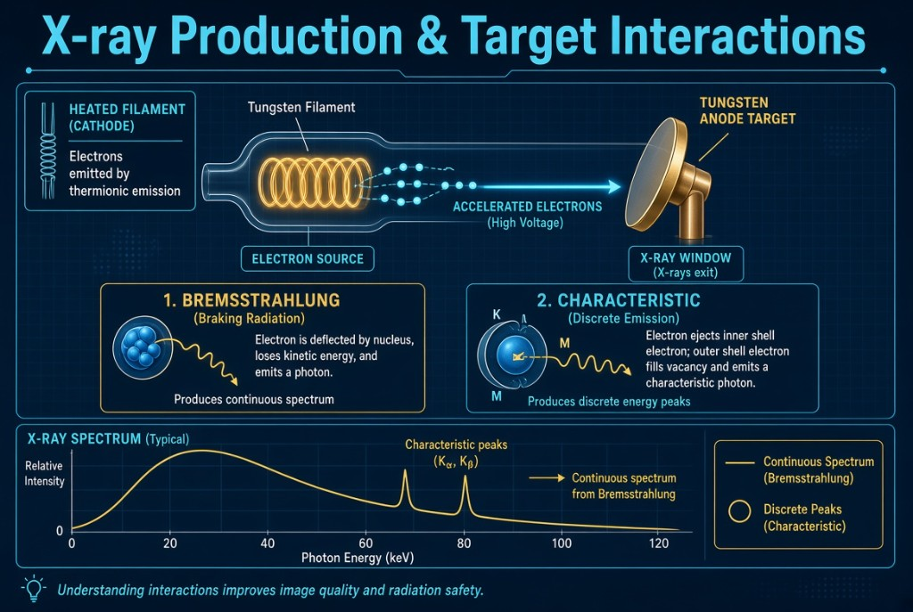 Electrons from a heated filament strike a tungsten target, producing bremsstrahlung and characteristic x-rays and a spectrum with discrete peaks.